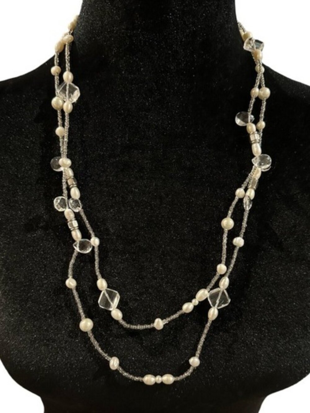 Mary Kay Necklace Beaded Long Length Toggle Closure White Silver Tone Gray Beads